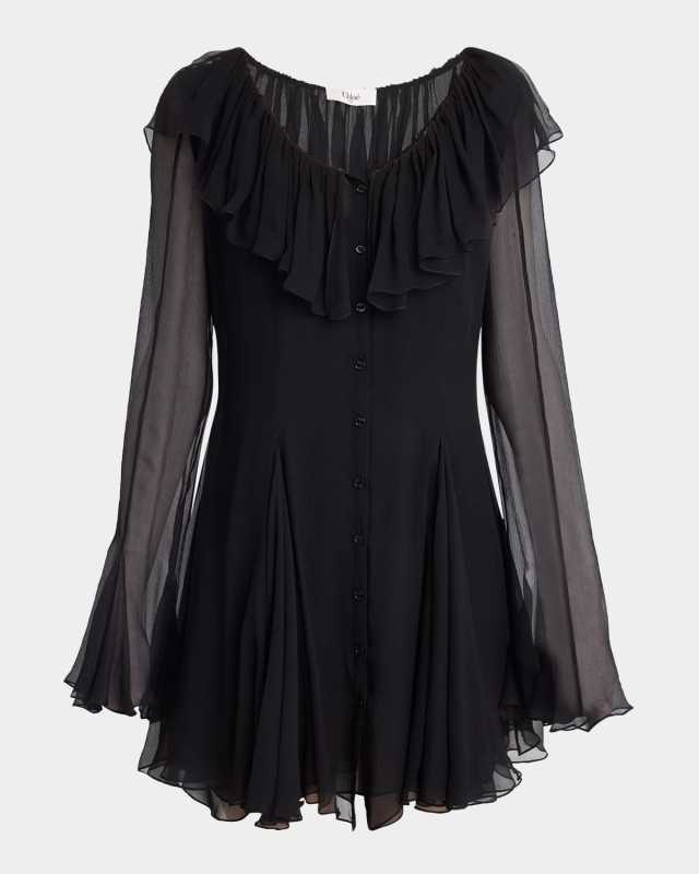 Ruffle Long-Sleeve Silk Mousseline Mini Dress